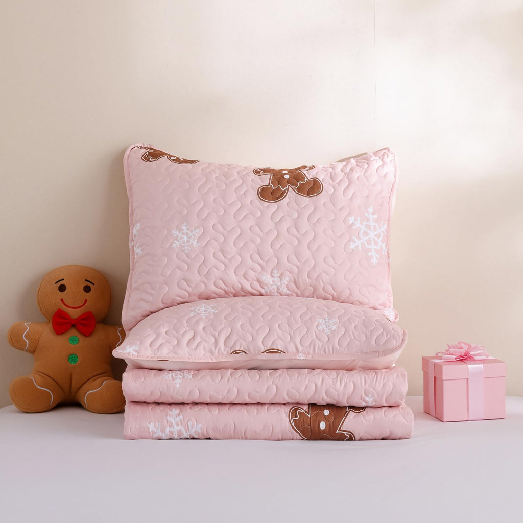 Christmas Quilt Set Queen Size, Pink Gingerbread Christmas Bedding