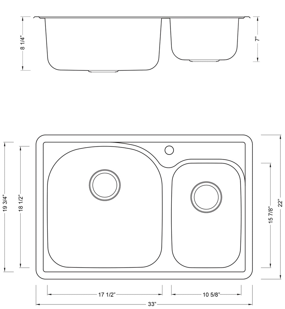 CozyBlock 33" x 22" 70/30 Double Bowl Drop- Sink with Strainer