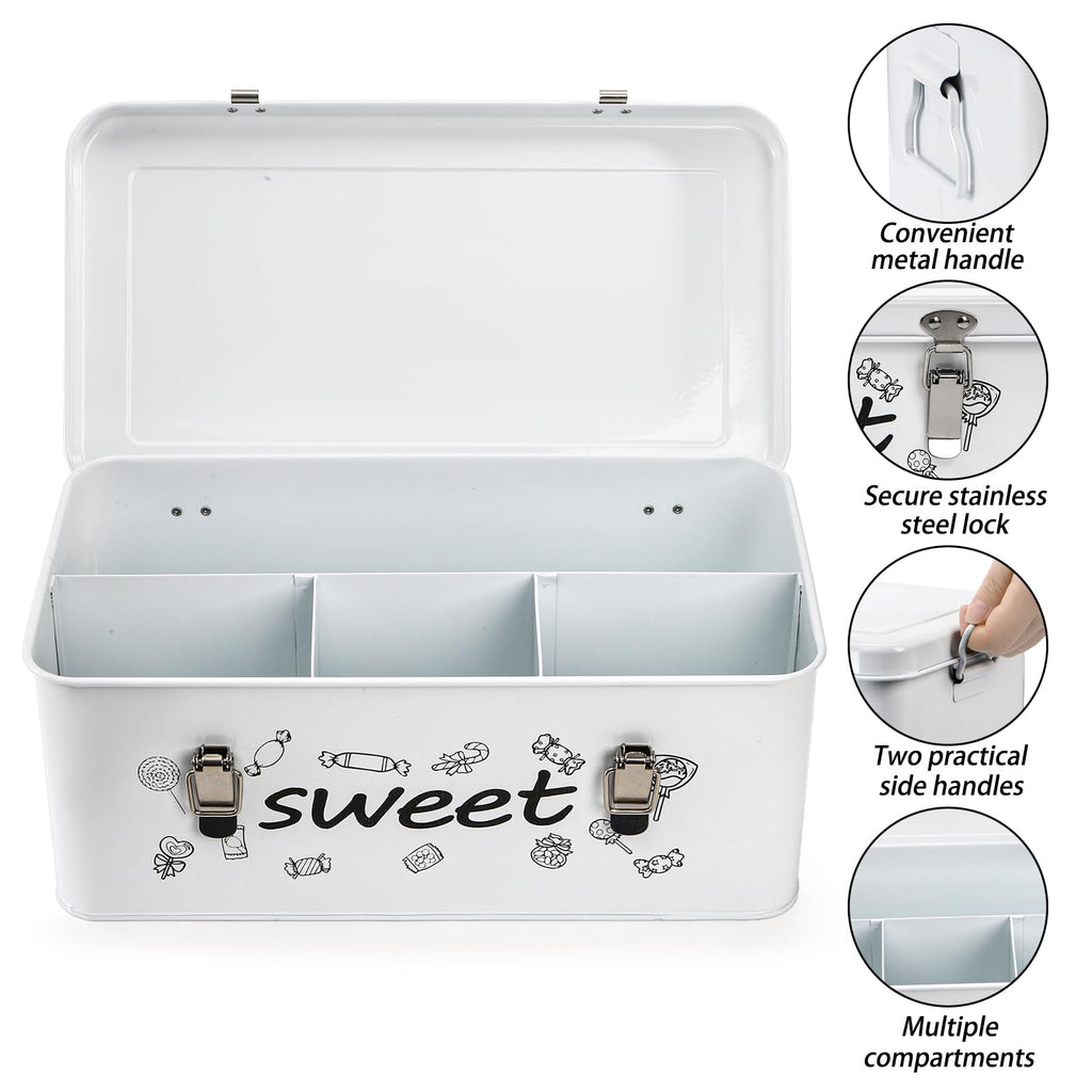 Candy Storage Box, 4 Compartments Metal Candy Cookies Snacks Storage Tin Box with Lid Food Storage Container