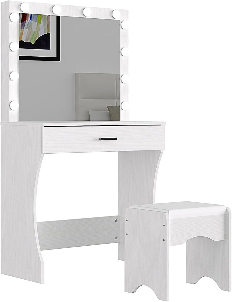 Vanity Desk with Mirror and Adjustable Lights, One Drawer Storage Makeup Table with Stool - Vanity Set (White)