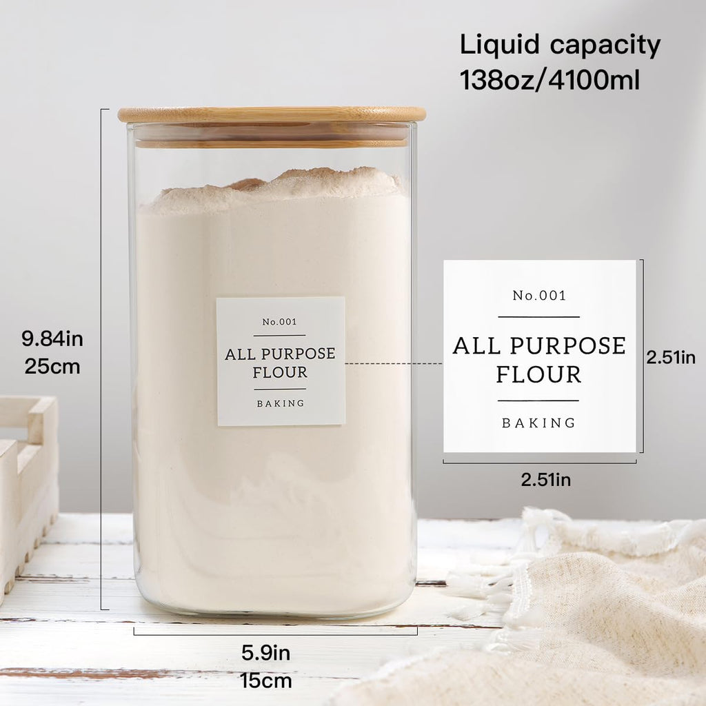 Large glass flour and sugar containers with 132 Kitchen Pantry Labels - 138 FL OZ Glass Food Storage Containers with