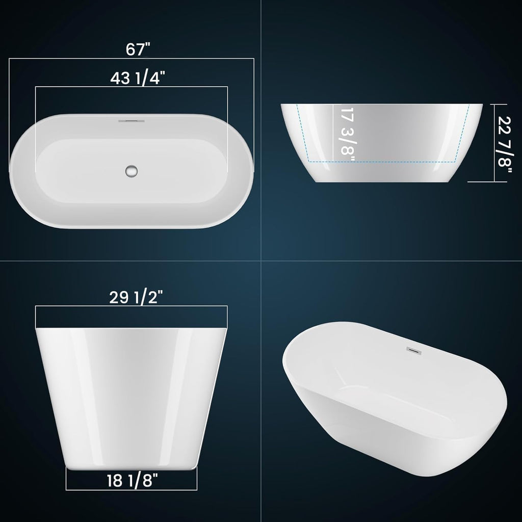 67 Inch Acrylic Freestanding Bathtub, Deep Soaking Tub with Non-Slip Base, CUPC Certified Free Standing Tub, Chrome