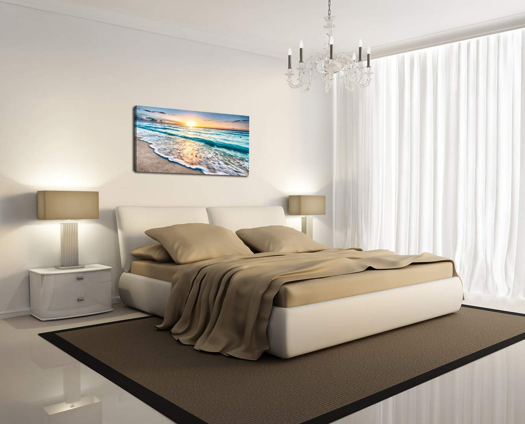 Canvas Prints Wall Art Beach Sunset Ocean Waves Nature Pictures Stretched Canvas Wooden Framed Bedroom and