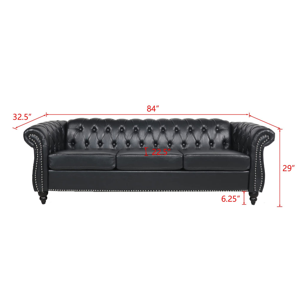 Modern 3 Seater PU Chesterfield Sofa, Upholstered Tufted Button Leather Chesterfield Couch, Classic Faux Leather