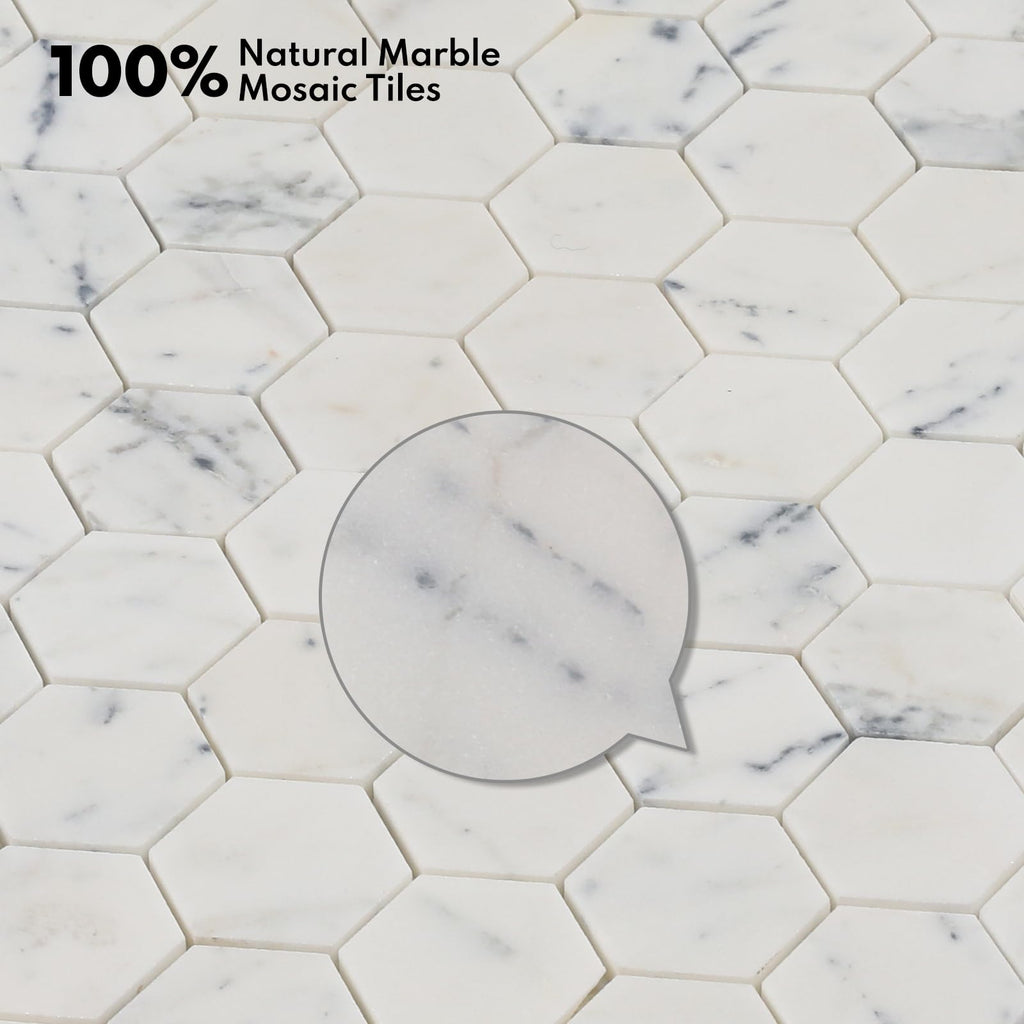 2 Inch Hexagon White Marble Mosaic Tile, Stone Tile Backsplash Bathroom Shower Wall Floor, Contempo Blue (5 Sheet