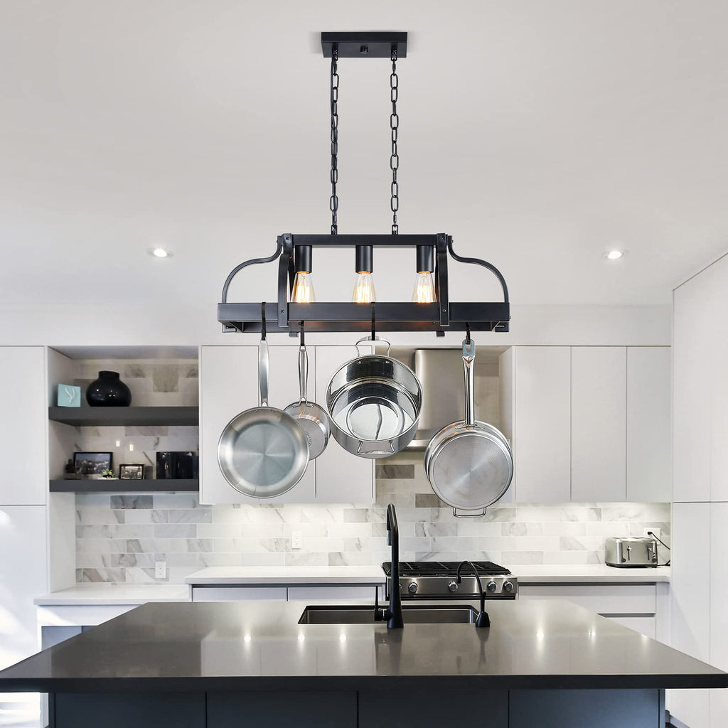 3-Light Metal Pot Hanging Rack Chandelier Linear Pendant Ceiling Lighting Rustic Farmhouse Fixture Kitchen Island