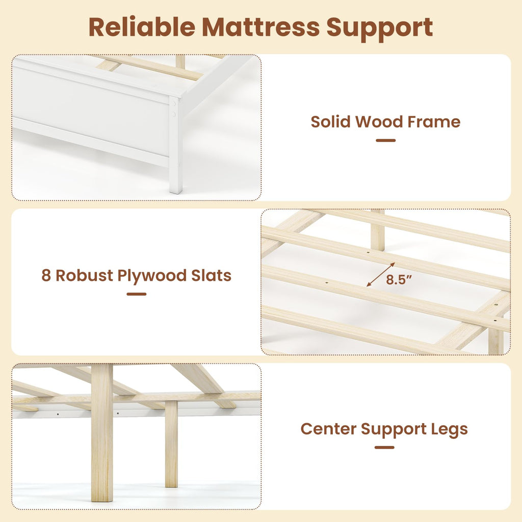 Queen Size Wooden Bed Frame with Headboard, Wood Slat Support