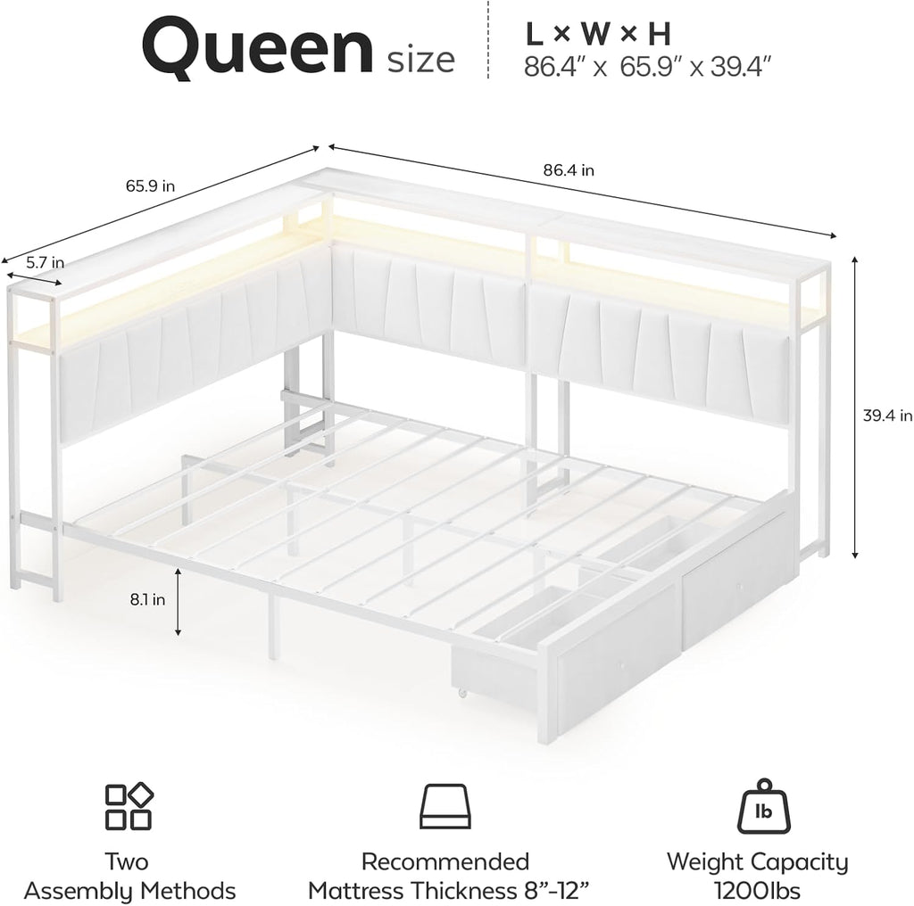 Queen Corner Bed Frame with Storage Drawers, Modern Daybed with LED Lights and Charging Station, Metal Platform Bed