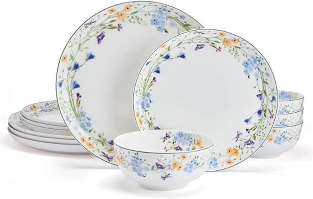 Quinn Lightweight Bone China 12 Piece Dinnerware Plate Bowl Set, Service for 4