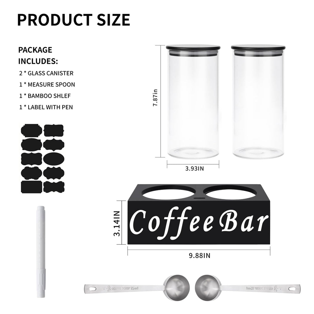 Rustic Modern Black 2PCS Small 44oz Coffee Storage Jars with Shelf, 2Pcs 1.295L Airtight Glass Coffee Containers