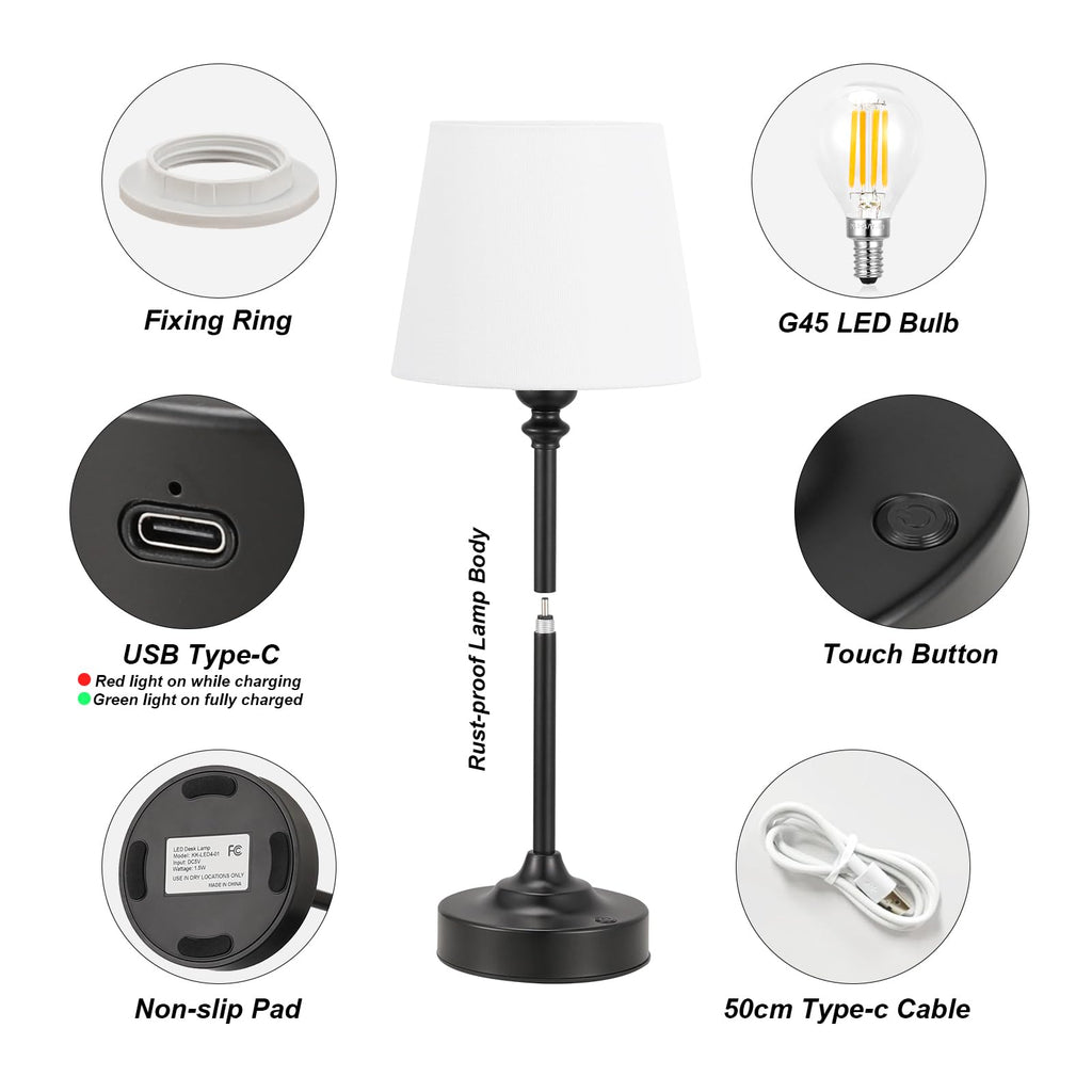 Cordless Table Lamps Rechargeable Set - 2 Pack Black 4000mAH Battery Operated Lamps for Decor, 3000K Stepless Dimming