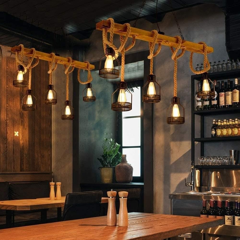 Industrial Farmhouse Linear Chandelier, 5-Light Wood Beam Island Pendant Light with Hemp Rope & Metal Cage Shades