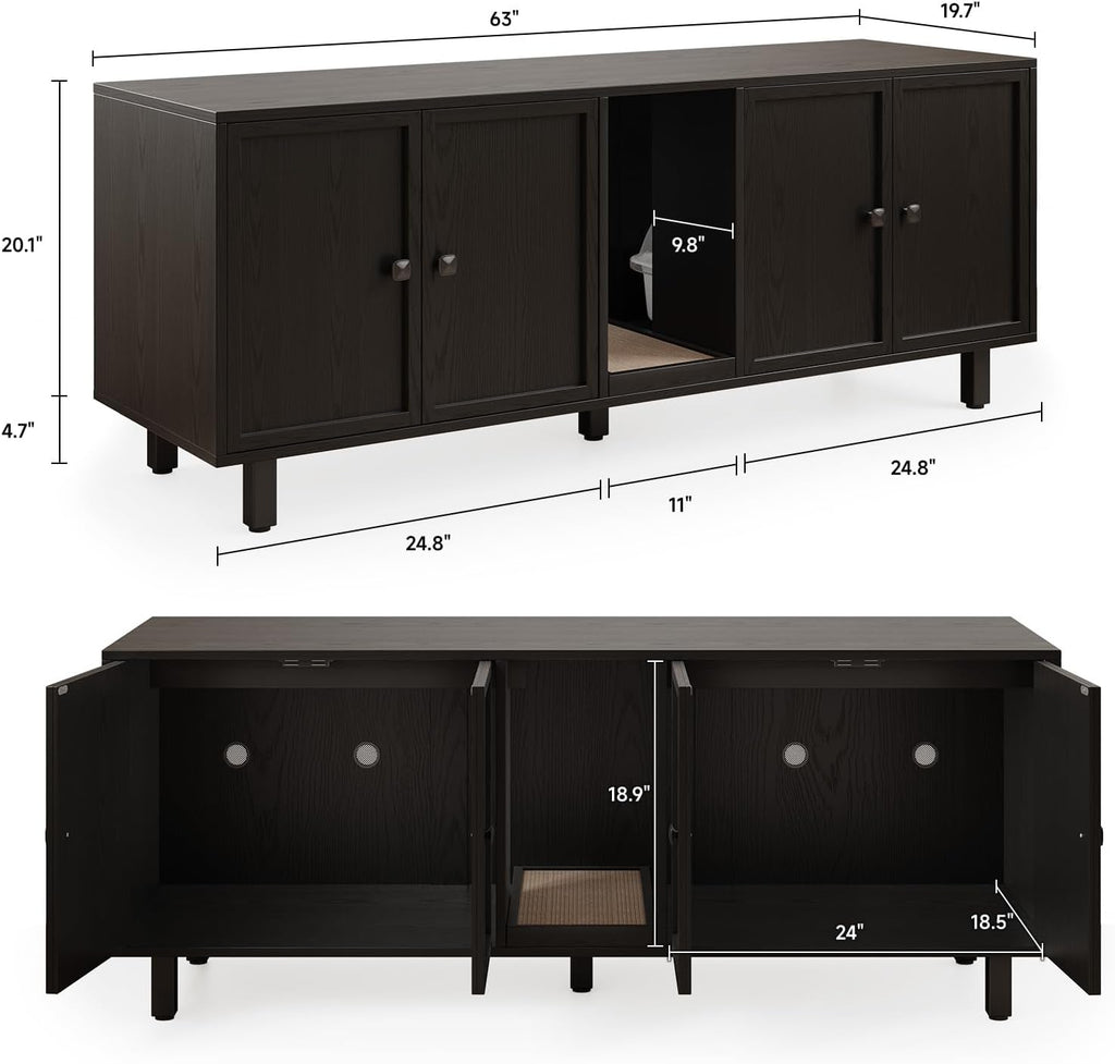 63 Inches Cat Litter Box Enclosure for 2 Cats, Black