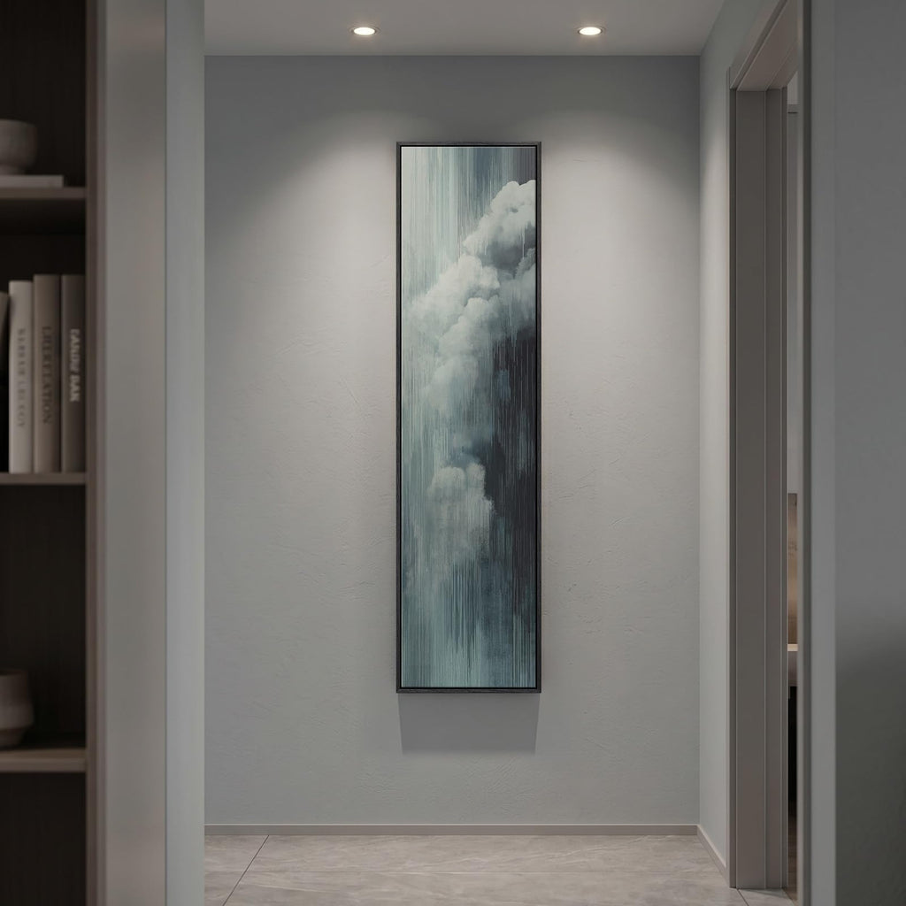 Framed Long Narrow Blue Cloud Abstract Modern Vertical Wall Art, 14x56 Inch
