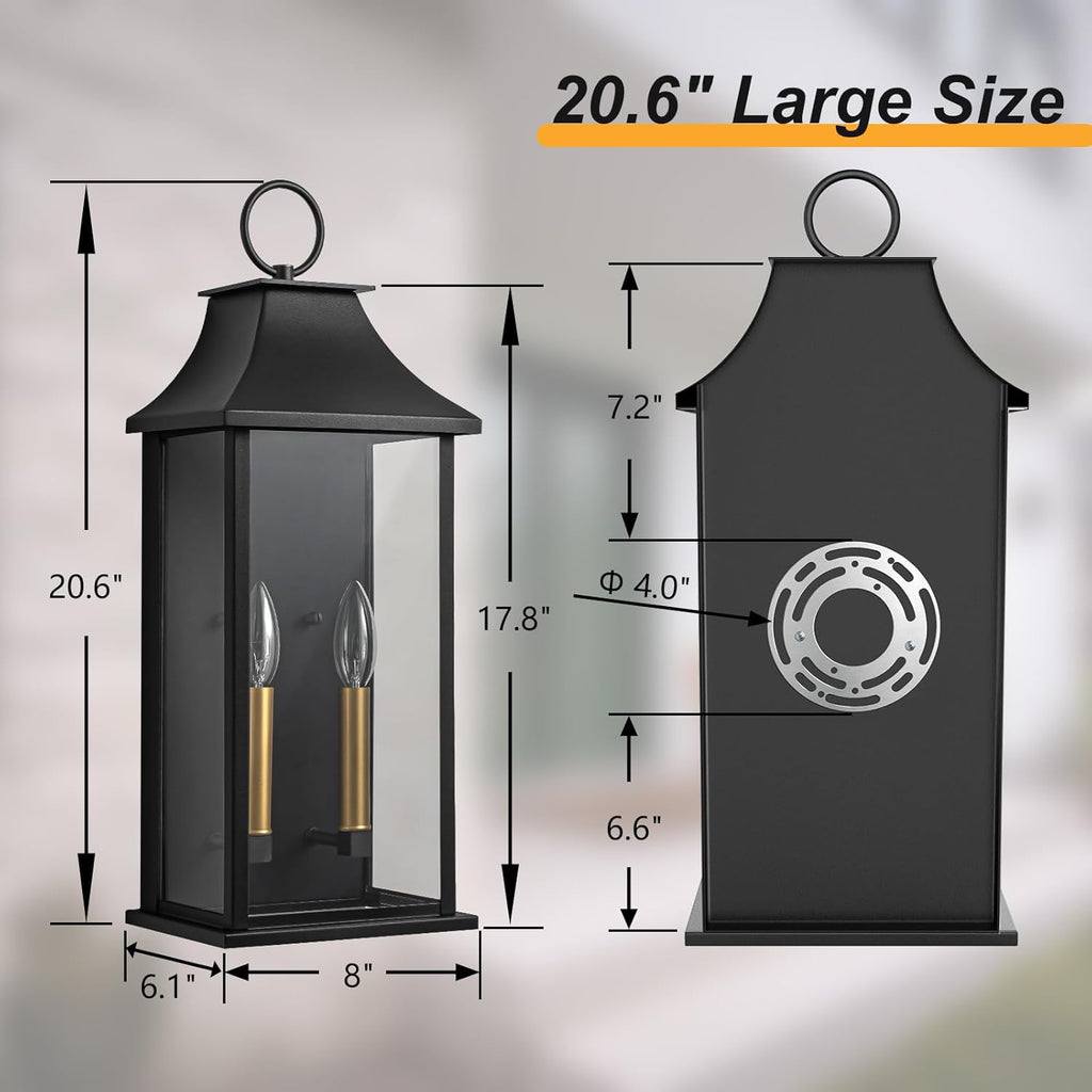 Dusk to Dawn Outdoor Wall Lantern 2-Light, 20.6" Large Outside Wall Sconce, Modern Black Wall Light Fixture with Glass