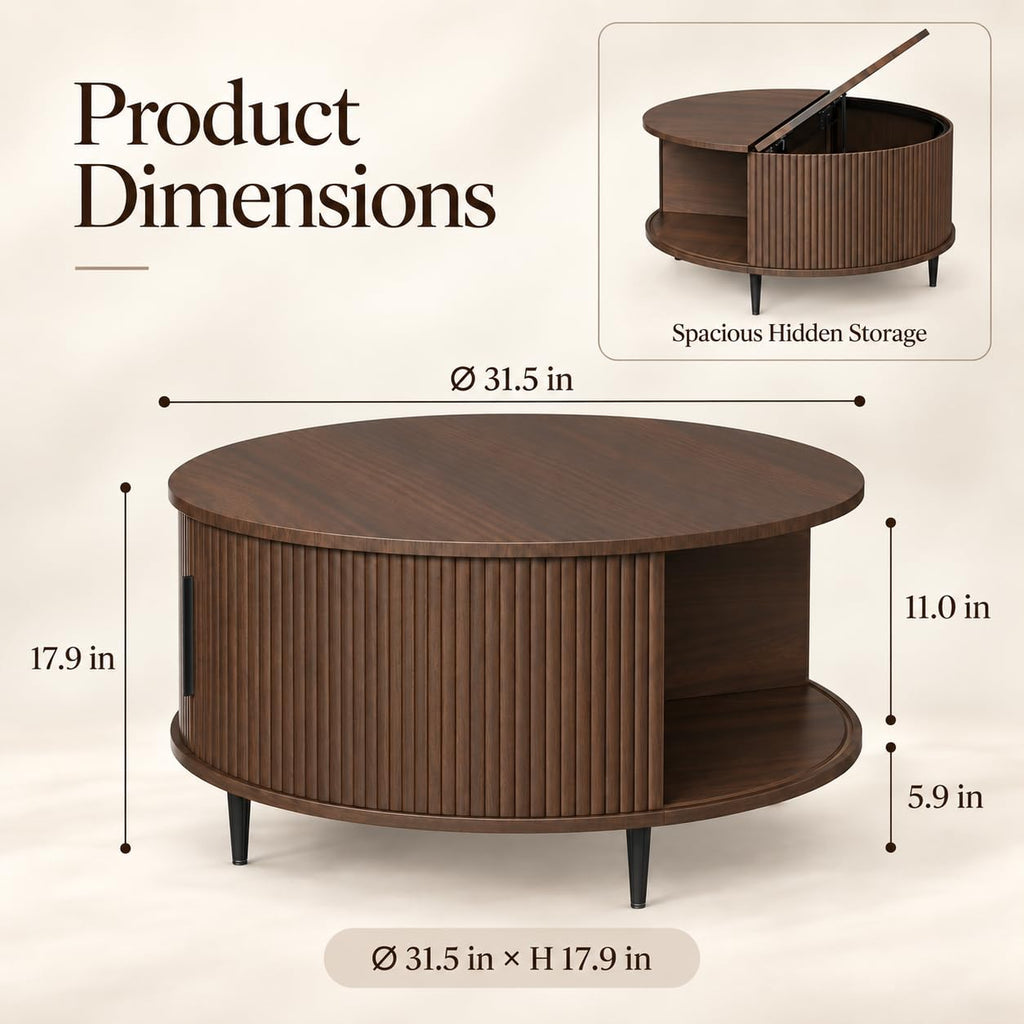 Mid Century Fluted Round Coffee Table, Brown