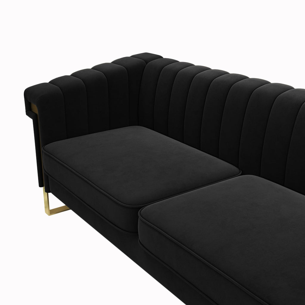 Mid-Century Modern Black Sofa with Gold Metal Legs, 83.86" Luxury Chesterfield Comfy Couches (, Black)