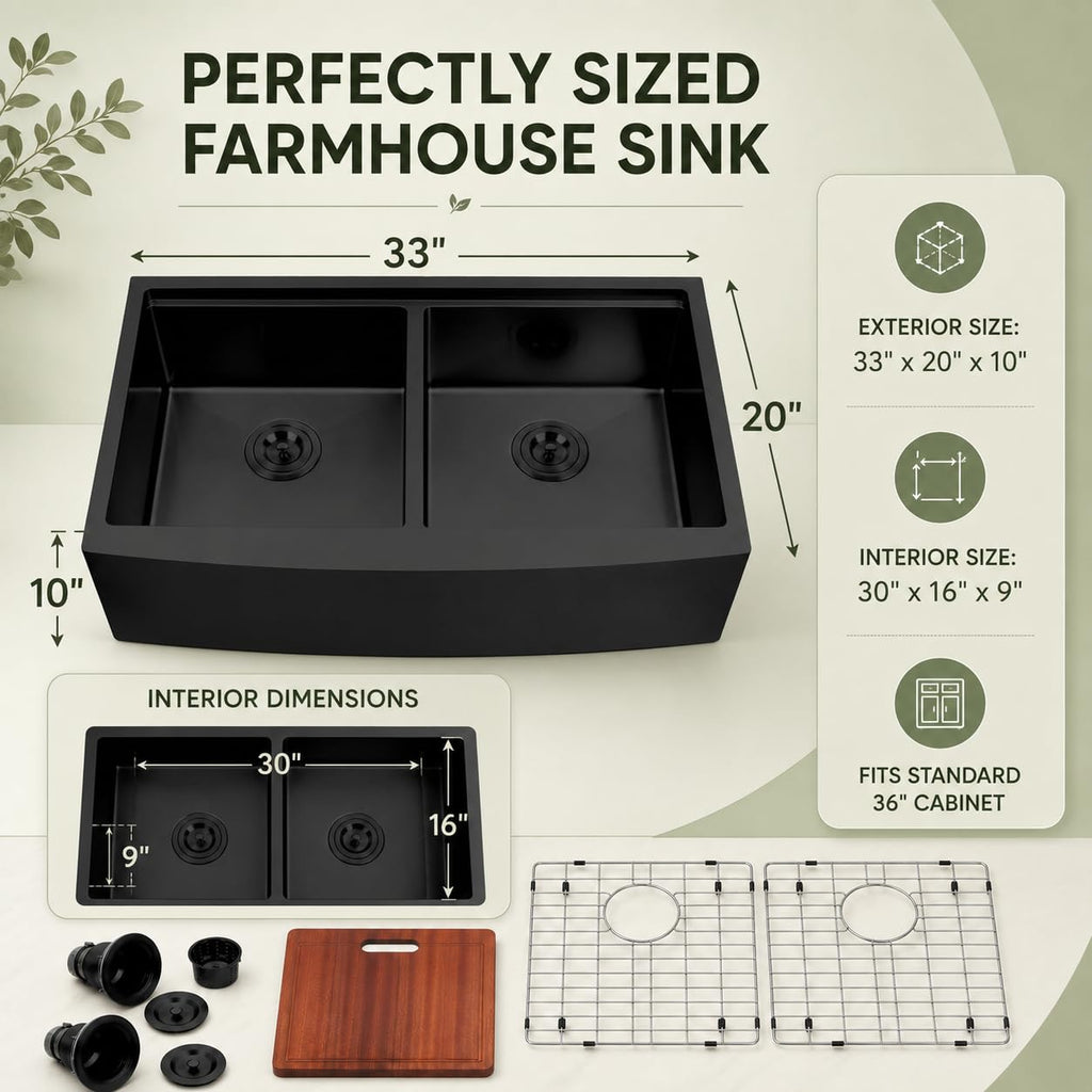 Black Farmhouse, 33x20 Inch 50/50 Double Bowl Sinks