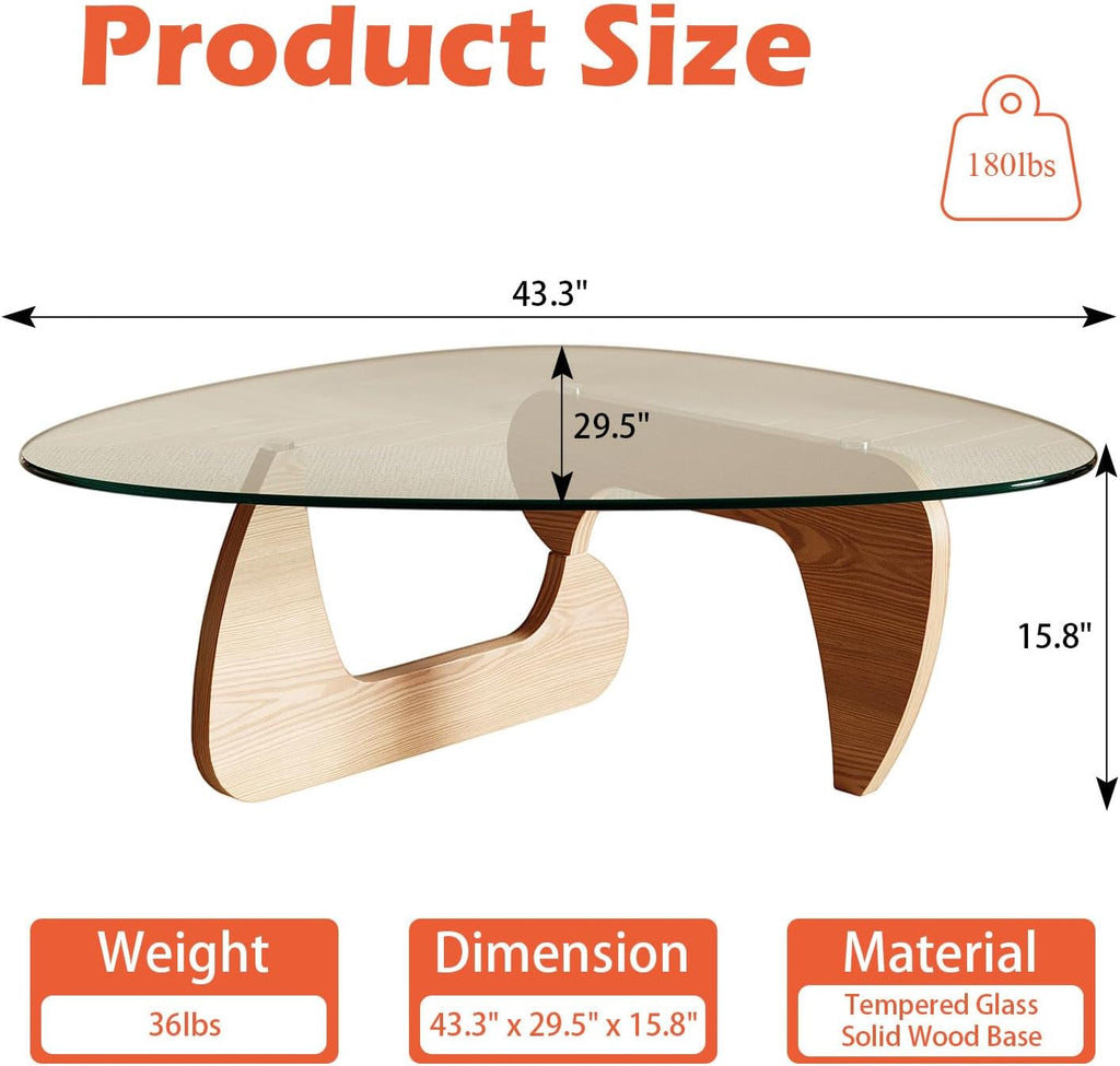 Modern Coffee Table and Small Spaces, 43.3" x 29.5" x 15.8" Triangle Tempered Glass Table Top and Eco-Friendly Solid