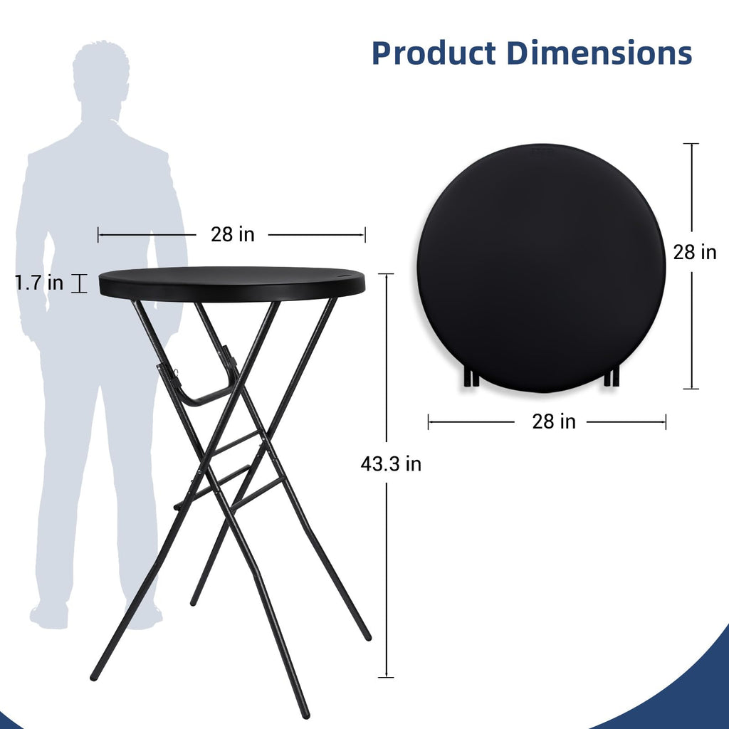 28in Folding Cocktail Table, Round Bar Height Table, Black 2-Pack