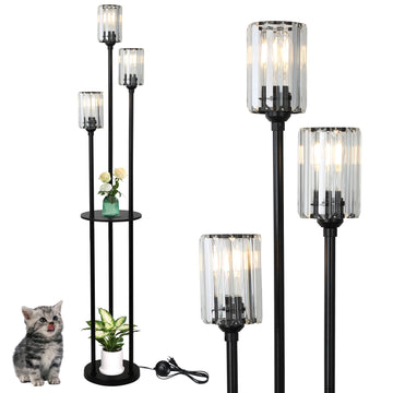 Crystal Floor Lamp with Shelves, Modern Floor Lamps, 3-Light Standing Lamps with Table, Black Tall Lamp with Crystal