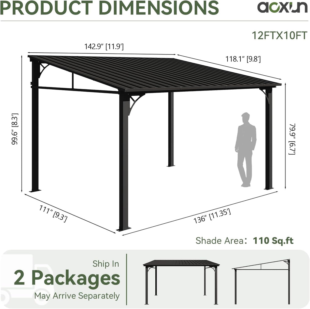 10' x 12' Hardtop Lean-to Gazebo, Wall-Mounted Pergola with Sloping Galvanized Steel Roof – Black