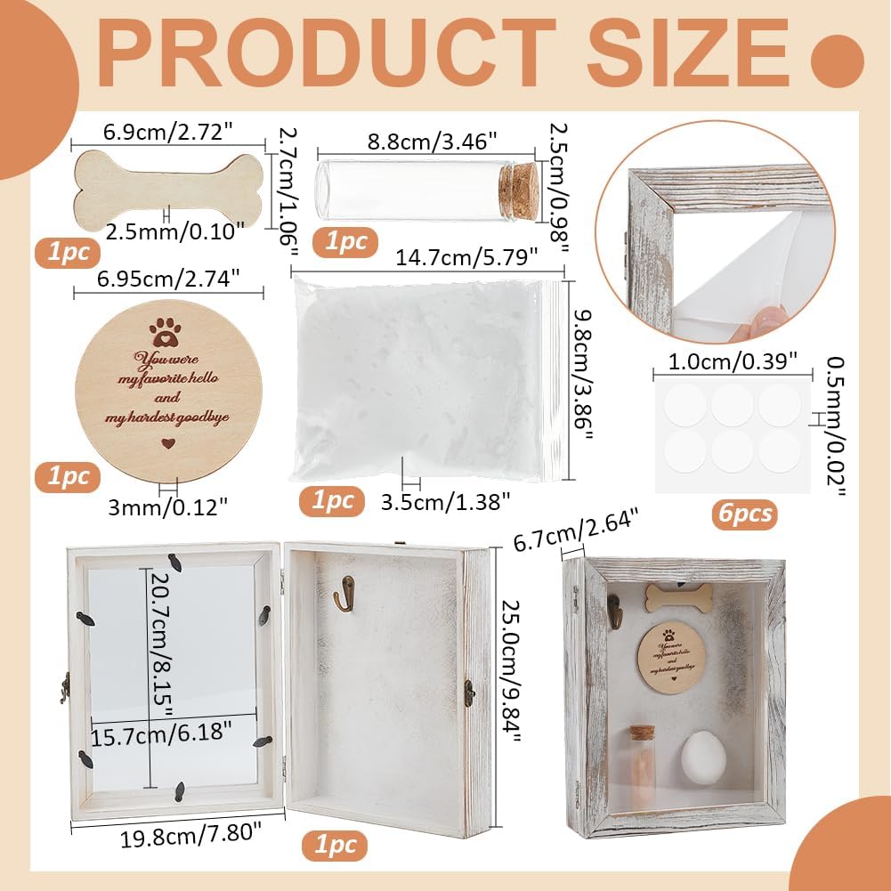 Pet Memorial Shadow Box Solid Wood Rectangle Picture Frame Paw Print Kit Urn Ashes Fur Jar Case Light Grey Dog Cat