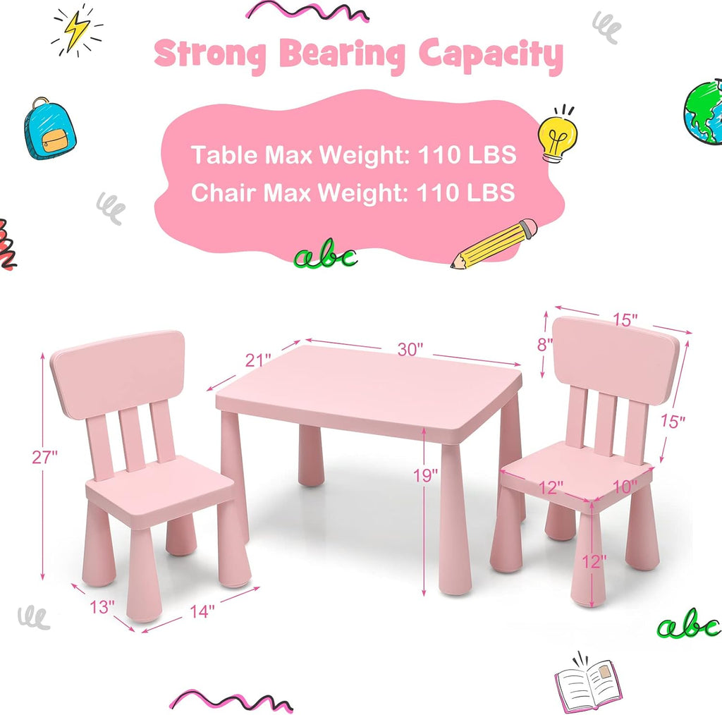 Kids Table and Chair Set, Plastic Children Activity Table and 2 Chairs for Art Craft, Easy-Clean Tabletop, Piece