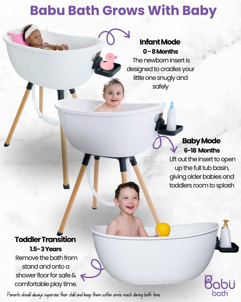Luxury Baby Bathtub with Wooden Stand - 3-Stage Convertible, Ergonomic & Back-Saving Design (Pink Bundle)