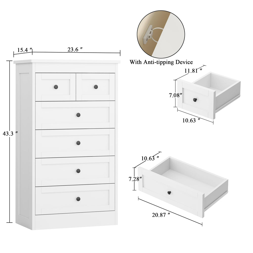 Tall 6 Drawer Dresser, White Modern 43.3'' Tall Wood Chest of Drawers, Storage Organizer with Smooth Metal Rails &