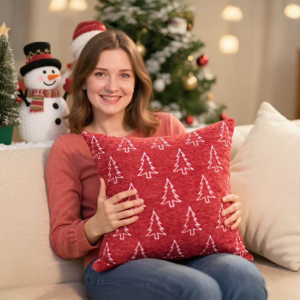 Christmas Chenille Pillow Covers 20x20, Reversible Snowflake & Tree Design, Cozy Farmhouse Holiday Throw - Set of 2