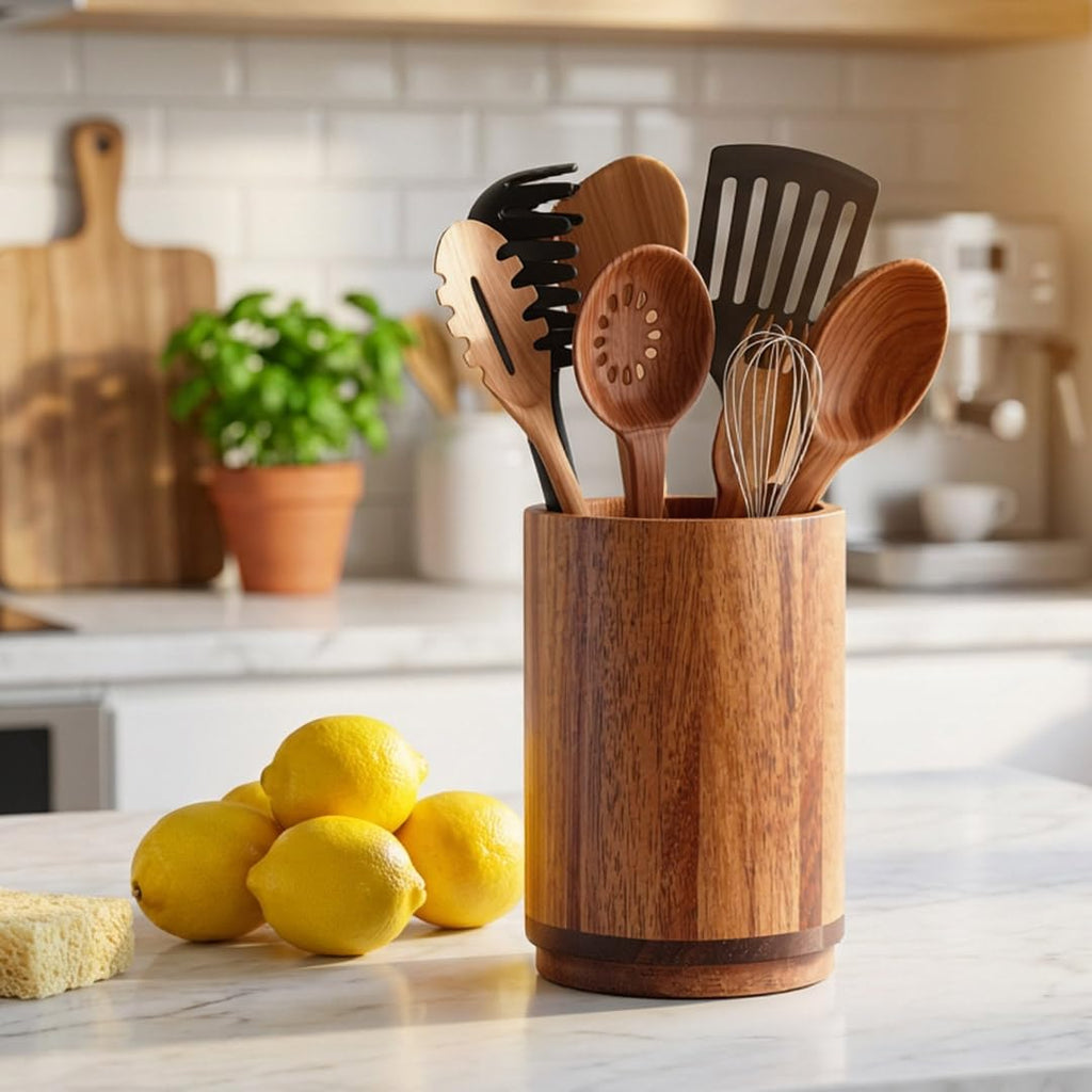 Utensil Holder, Acacia Wood Kitchen Utensil Holder for Countertop, 360°Rotating Cooking Utensil Crock Counter, 7.2"