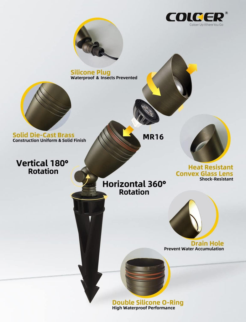 Die-cast Brass Landscape Spotlights Outdoor with 5W Aluminum Housing LED MR16 Bulb 2700K 450LM,12V AC/DC Low Voltage