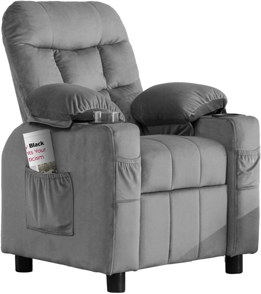 Kids Recliner, Toddlers Kids Recliner Chair with Cup Holder, Ergonomic Adjustable Velvet Lounge Chair with Footrest &