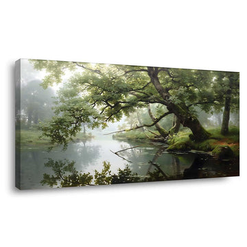 Serene Forest River Canvas Wall Art Misty Green Woods Landscape Painting Print Gallery Wrapped Calm Nature Picture