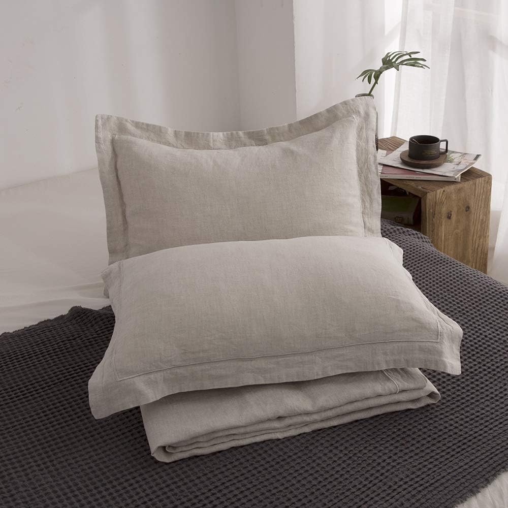100% French Flax Linen Duvet Cover Set with Embroidery Washed - 3 Pieces (1 Duvet Cover with 2 Pillow Shams) with Button Closure Soft Breathable Farmhouse - Linen, King Size