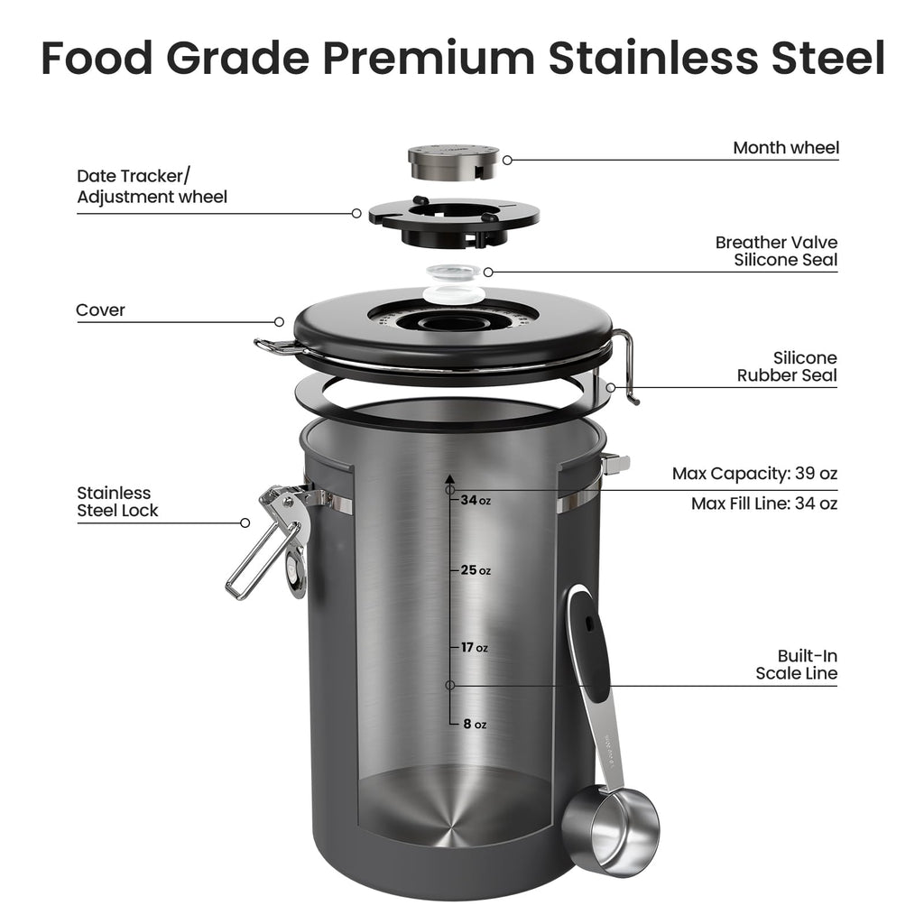 Coffee Canister,39OZ, 2.2lbs,Large Airtight Stainless Steel Container