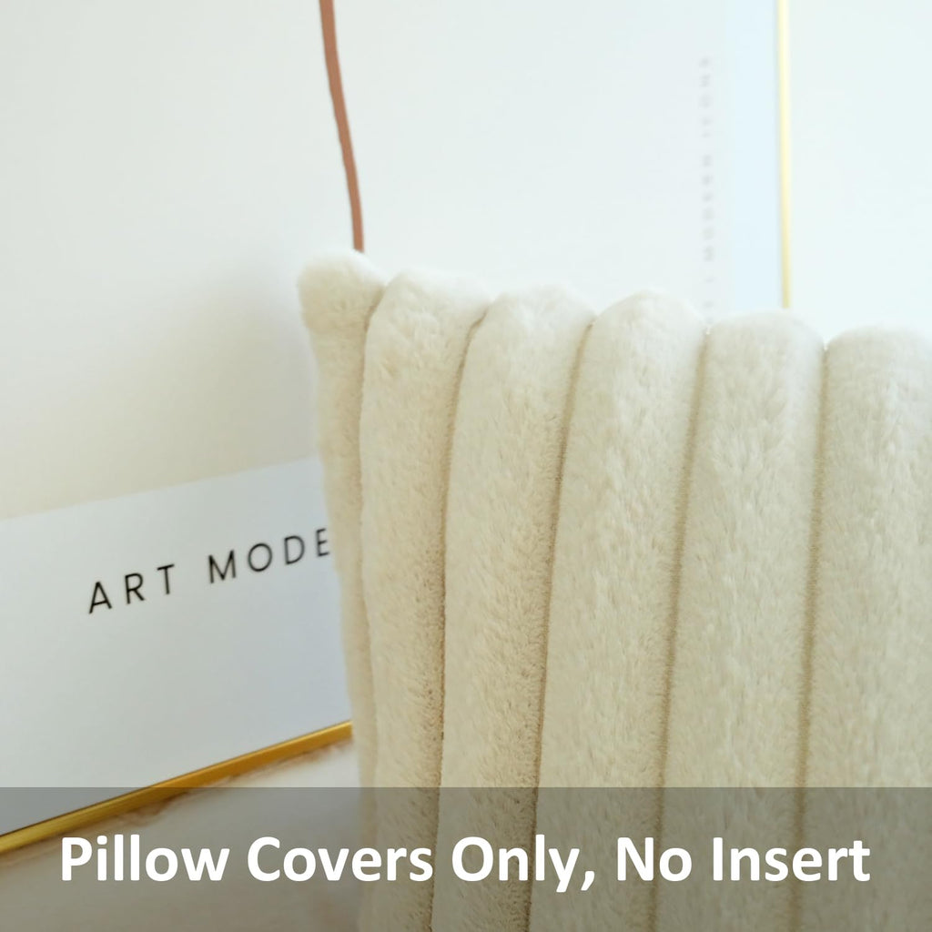 Faux Fur Plush Throw Pillow Covers, Beige, 24 x 24-Inch