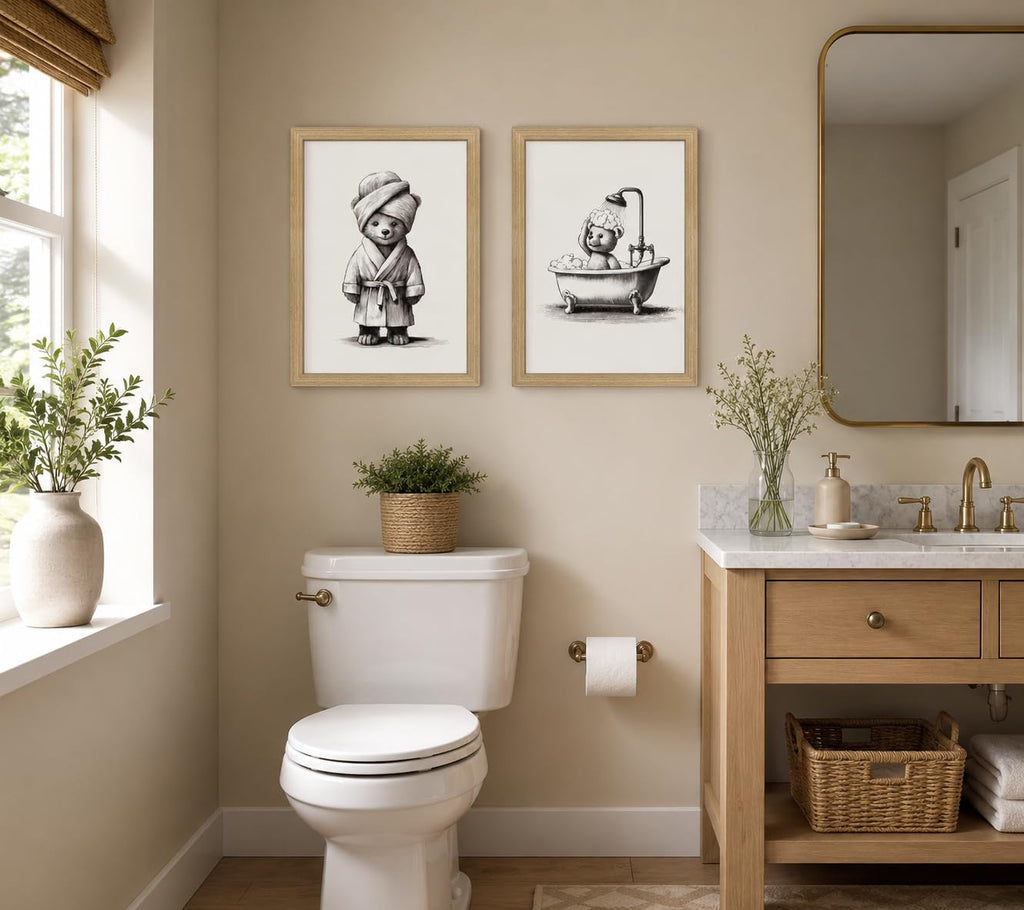 2Pc Framed Bathroom Wall Art Cute Bear Bath Canvas 16x24 Decor