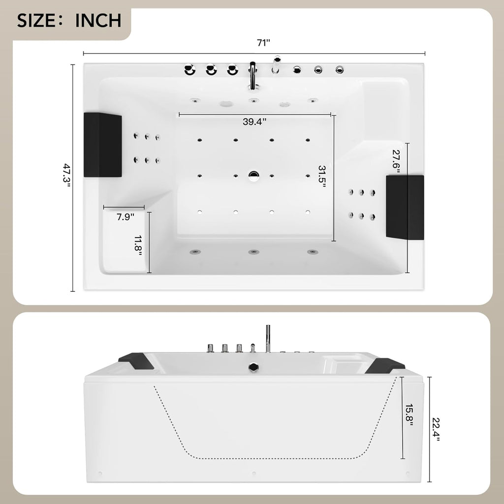 Whirlpool Bathtub - 71" x 47" 2 Person Jetted Massage Tub with 30 Jets (18 Water Jets+12 Air Jets) Rectangular Alcove