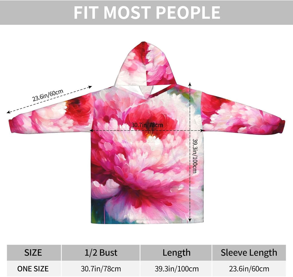 Oversized Adult Long Sleeve Flannel Hoodie Blanket Peony-Flowers-Painting Soft Fuzzy Hooded Sweatshirt Lounging