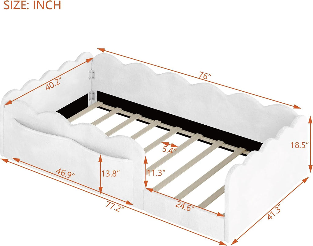 Upholstered Floor Bed with Side Storage Pockets, Bed Frame, White