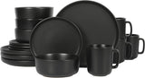 Zuma Stoneware Plates, Bowls, & Mugs Dinnerware Set - Matte Black, Service for Four (16pcs)