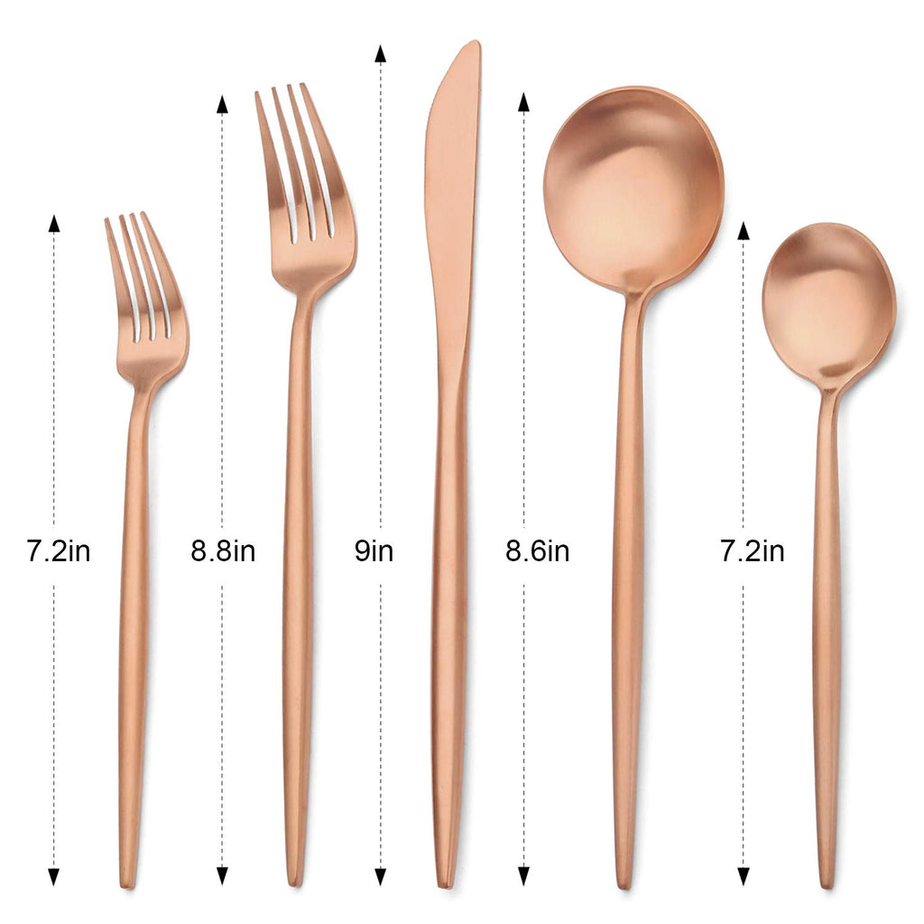 Matte Rose Gold Silverware Set, Stainless Steel Satin Finish Copper Flatware Cutlery Set for 4, 20-Piece Spoons