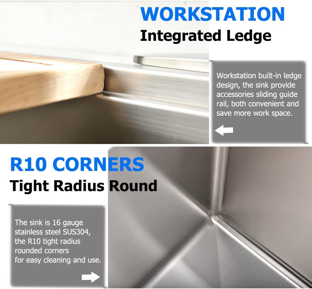 32-inch Undermount Workstation Kitchen Sink Single Bowl | 16 Gauge Stainless Steel Kitchen Sink Handmade R10 Deep