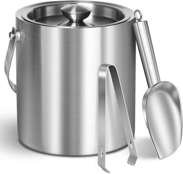 Ice Bucket with Lid & Tong- Well Made Insulated Stainless Steel Keep Ice Frozen Longer