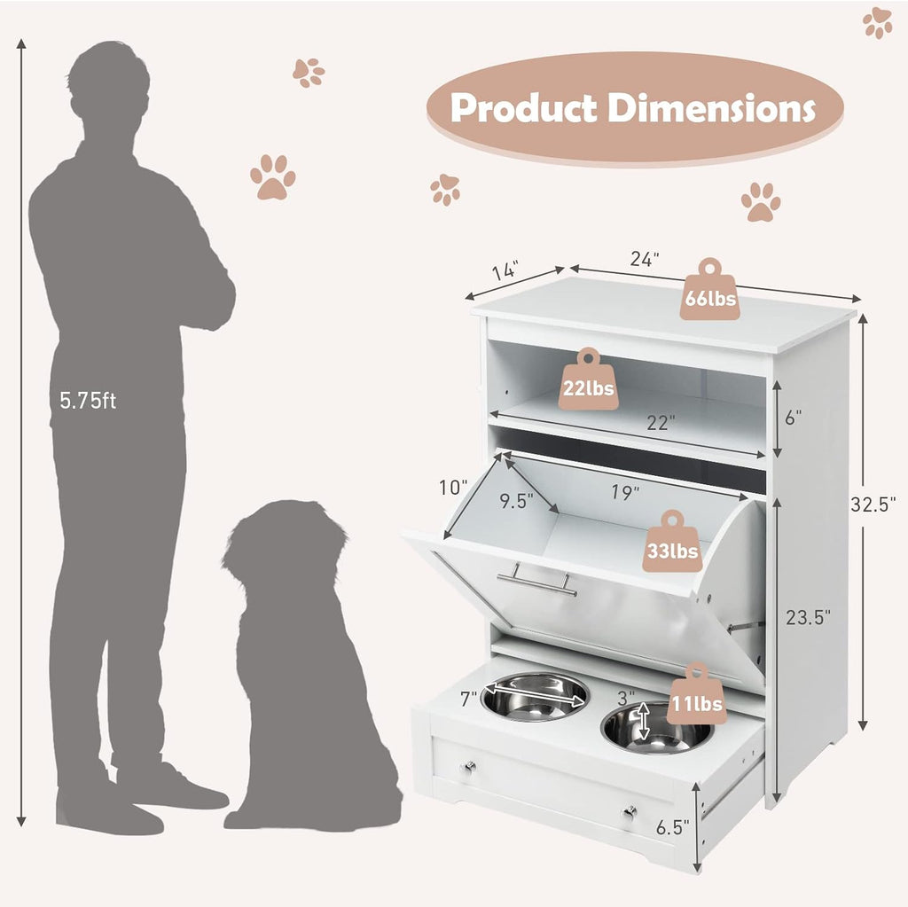 Dog Feeding Station Dogs Food Storage Cabinet Pet Feeder Container with 2 Thick 50oz Stainless Steel Raised Dog Food