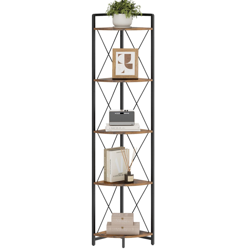 5 Tier Corner Shelf Stand, 64" H Tall Corner Bookshelf, Rustic Brown