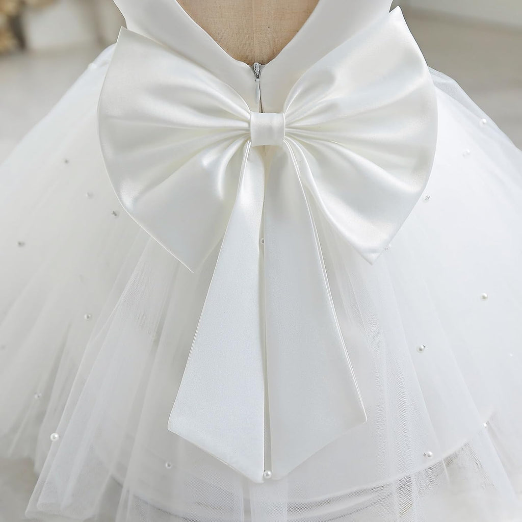 Infant Baby Girls Wedding Flower Girl Dress Pearls Tulle Tutu Dress Bowknot V Back Pageant Party Birthday Formal