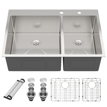 33 Inch Kitchen Sink Drop In Double Bowl- 33x22 Inch Drop Kitchen Sink Stainless Steel 16 Gauge Topmount Double Basin